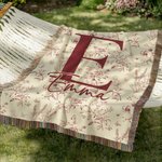 Personalized Rustic Flower Toile De Jouy Soft Tassel Blanket with Name and Initial Daily Use Home Decor Birthday Anniversary Gift for Family Friend
