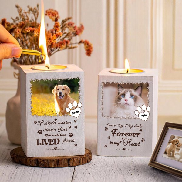 Personalised Paw Print Pet Photo Wooden Candle Holder with Name and Text Pet Loss Memorial Sympathy Gift for Pet Owner