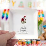 Personalised Birth Flower Square Ceramic Trinket Jewellery Dish with Text Name and Date Wedding Bridal Shower Birthday Gift for Women Family