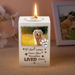 Personlig ljusstake i trä med tassavtryck och foto av husdjur med namn och text Husdjursförlust Minnesmärke Sympatigåva till husdjursägare