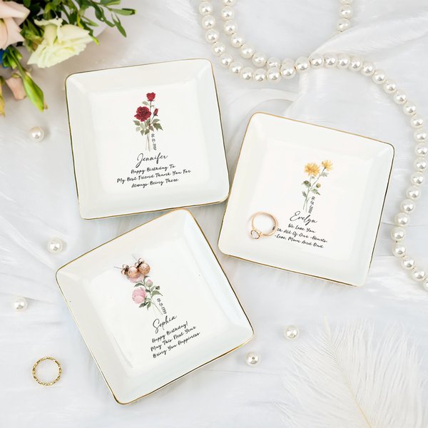 Personalized Birth Flower Square Ceramic Trinket Jewellery Dish with Text Name and Date Wedding Bridal Shower Birthday Gift for Women Family