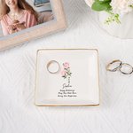 Personalised Birth Flower Square Ceramic Trinket Jewellery Dish with Text Name and Date Wedding Bridal Shower Birthday Gift for Women Family