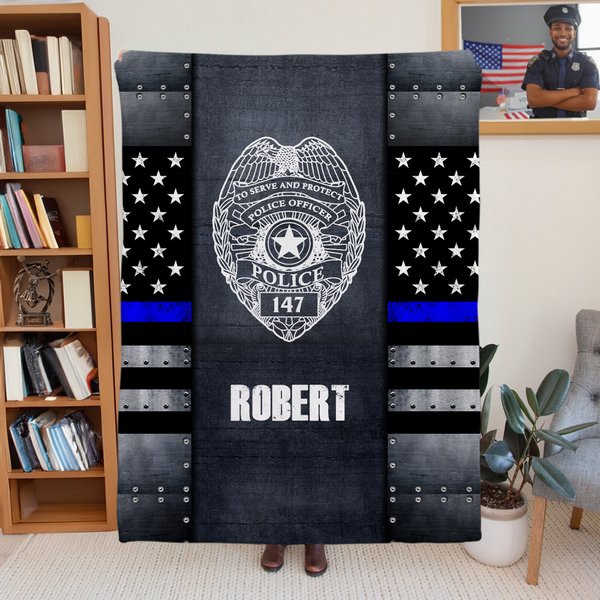 Personalized Thin Blue Line Flag Badge Soft Throw Blanket with Name Home Decor Graduation Birthday Gift for Police Officer Graduates