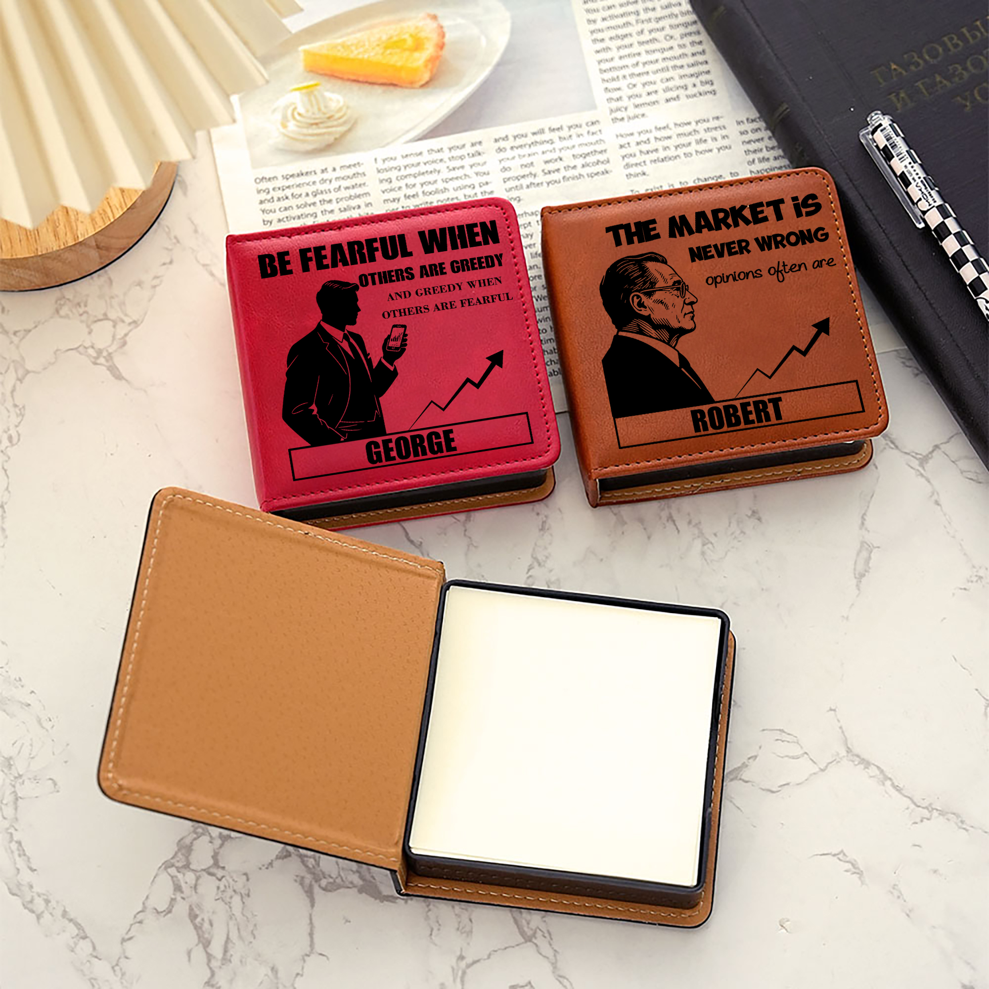 Porte-notes autocollants en cuir PU avec nom et texte Fournitures de bureau Cadeau d'anniversaire pour hommes