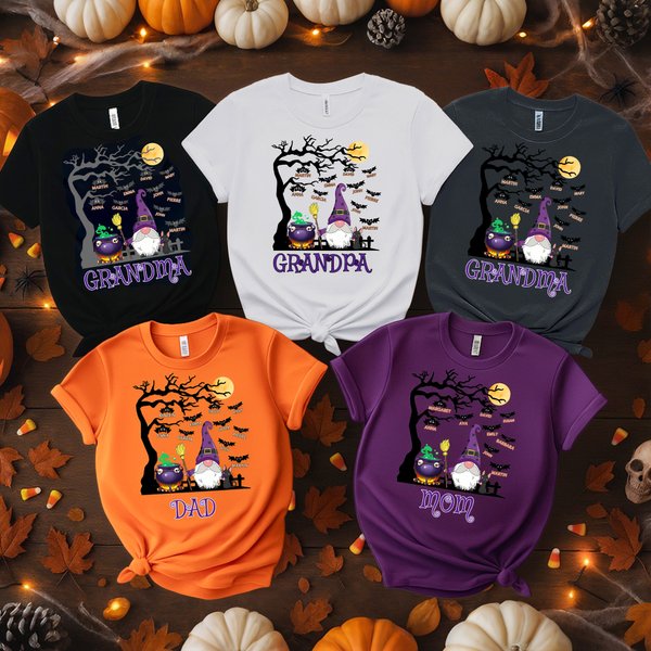 Personalized Old Wizard Bat Multicolor 100% Cutton T-shirt with Title and 1-10 Names Halloween Costume Holiday Gift for Family Friends