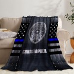 Personalized Thin Blue Line Flag Badge Soft Throw Blanket with Name Home Decor Graduation Birthday Gift for Police Officer Graduates