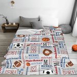 Personalized Basketball Soccer Rugby Word Cloud Soft Throw Blanket with Multiple Names and Initials Room Decor Birthday Gift for Boys