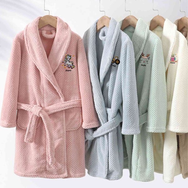 Peignoir de Bain pour Garçon Fille Personnalisé avec Nom et Motif Cartoon Brodés Tissu en Flanelle Douce Cadeau Anniversaire Noël