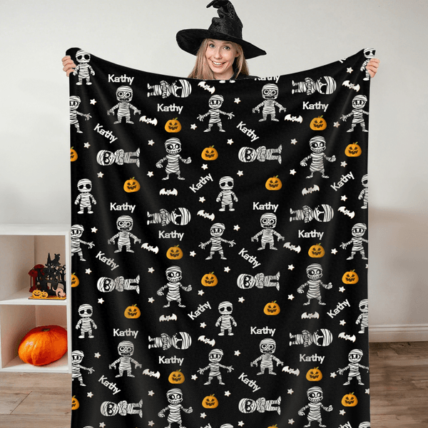 Personalized Cute Dancing Mummy Pumpkin Name Cloud Soft Throw Blanket Home Decor Birthday Halloween Gift for Kids Family Friends