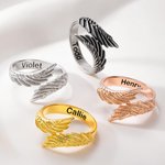 Personalised Guardian Angel Wings Adjustable Open Ring with Engraved Name Memorial Gift for Family Friends