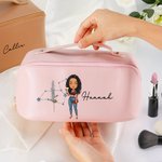 Personalized Cartoon Character Zodiac Birth Flower Leather Wide Open Makeup Bag with Name Portable Travel Accessories Birthday Gift for Women Girls