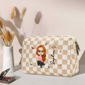 Personalisierte Geburt Blume Cartoon Charakter Schachbrettmuster Makeup Tasche mit Namen Reisen wesentliche Geburtstag Geschenk für Frauen Mädchen