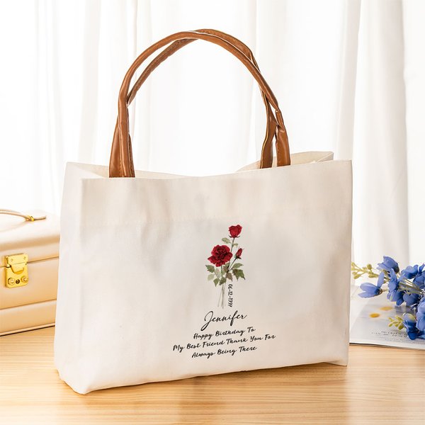 Personalizada Nacimiento Flor Tiempo Bolsa de lona con nombre y asa de cuero de la PU Fiesta de boda Cumpleaños de regalo para las mujeres