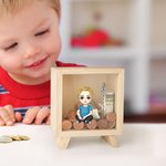 Salvadanaio personalizzato con personaggio animato nome e fiore di nascita in legno chiaro regalo di compleanno o per festa dei bambini