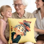 Personalized Cute Cartoon Granny Throw Pillow Cover with Name Home Decor Birthday Christmas Gift for Mom Grandma