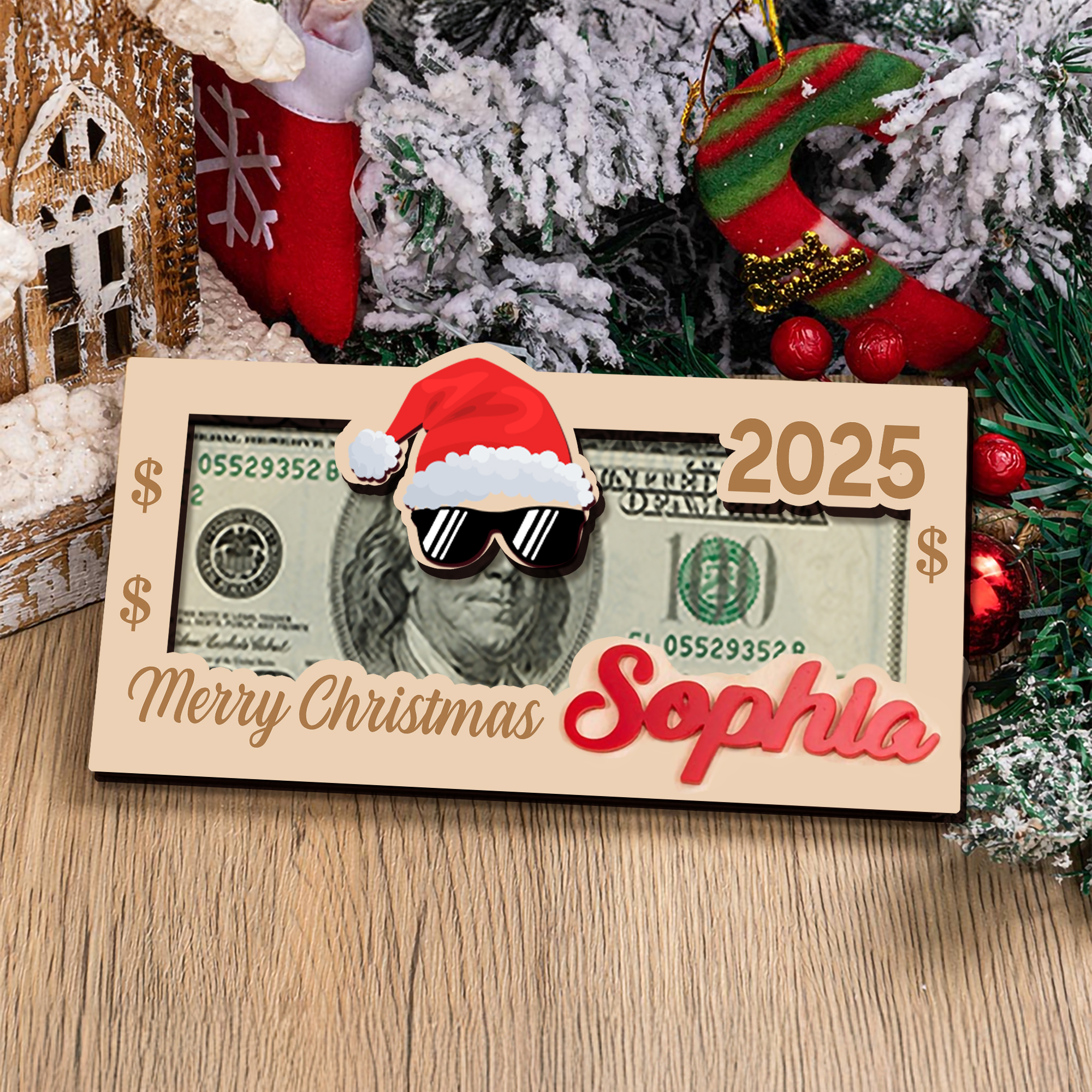 Chapeau de Père Noël personnalisé avec lunettes Porte-monnaie en bois avec nom et année Cadeau de Noël amusant pour les enfants et la famille