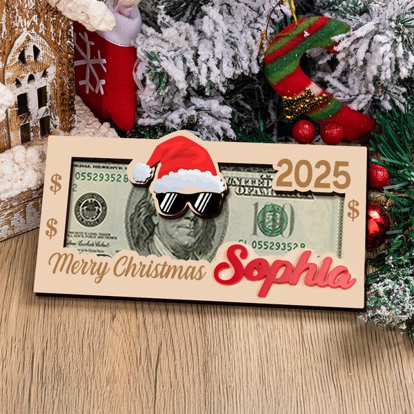 Personalized Santa Claus Hat with Glasses Wooden Money Holder with Name and Year Funny Christmas Gift for Kids Family