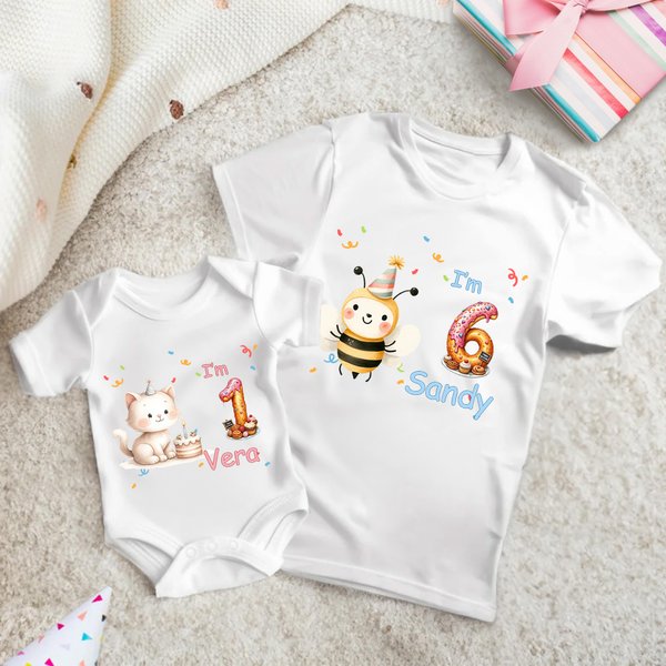 Personalised Cute Lion Dog Animals 100% Cotton Baby Bodysuit Kid T-shirt with Name Anniversary Birthday Gift for Babies Kids