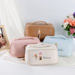 Personalized Cartoon Character Zodiac Birth Flower Leather Wide Open Makeup Bag with Name Portable Travel Accessories Birthday Gift for Women Girls