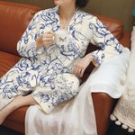 Personalized Rustic Flower Toile De Jouy Ladies Pajamas Set with Name Daily Use Anniversary Birthday Gift for Women