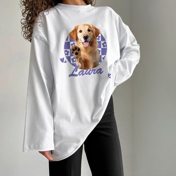 Camicia personalizzata con foto a scacchiera 100% cotone Oversize a manica lunga e morbida con nome Regalo di compleanno da indossare tutti i giorni per gli amanti degli animali.