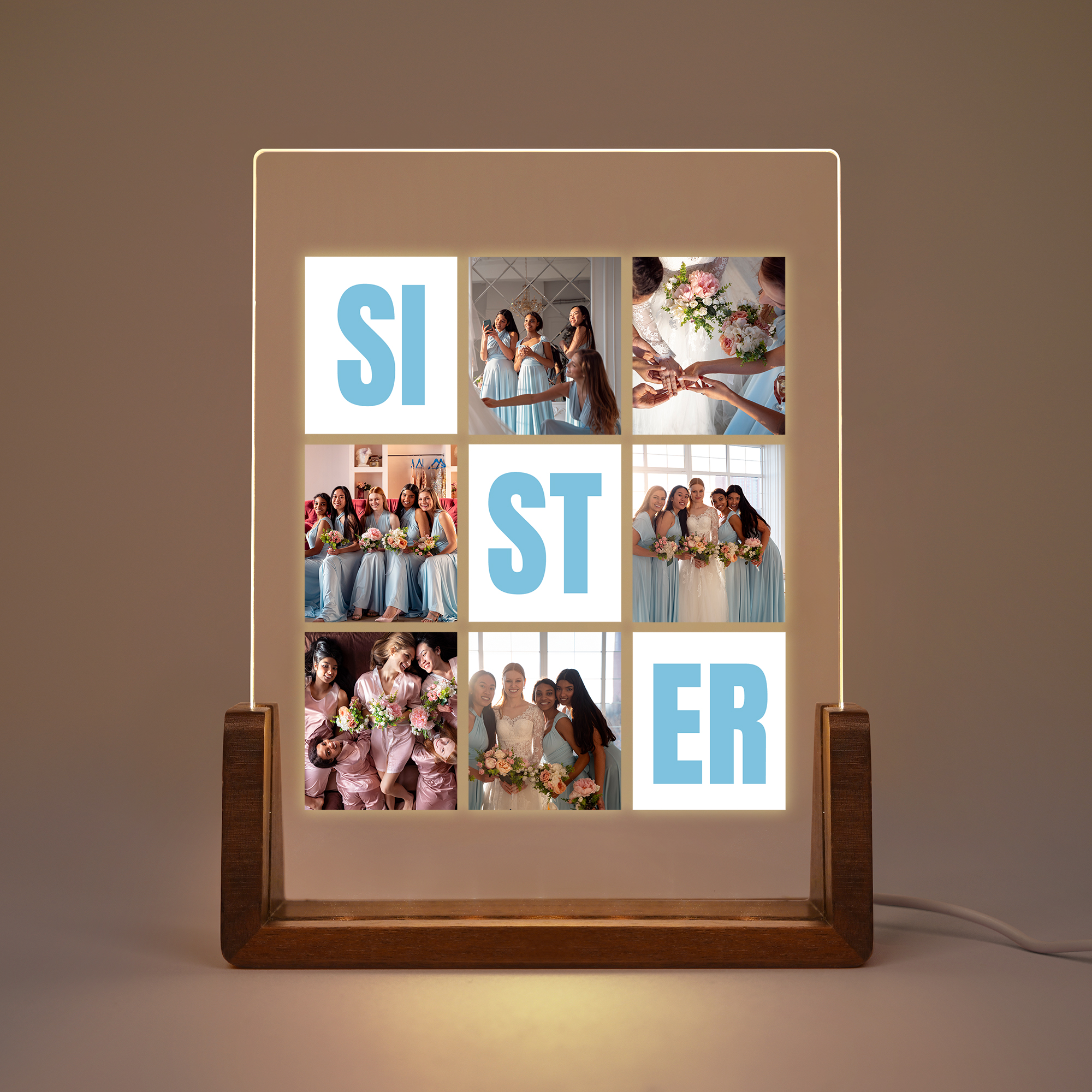 Veilleuse LED personnalisée en acrylique avec base en bois et 6 photos Cadeau d'anniversaire pour la famille et les amis