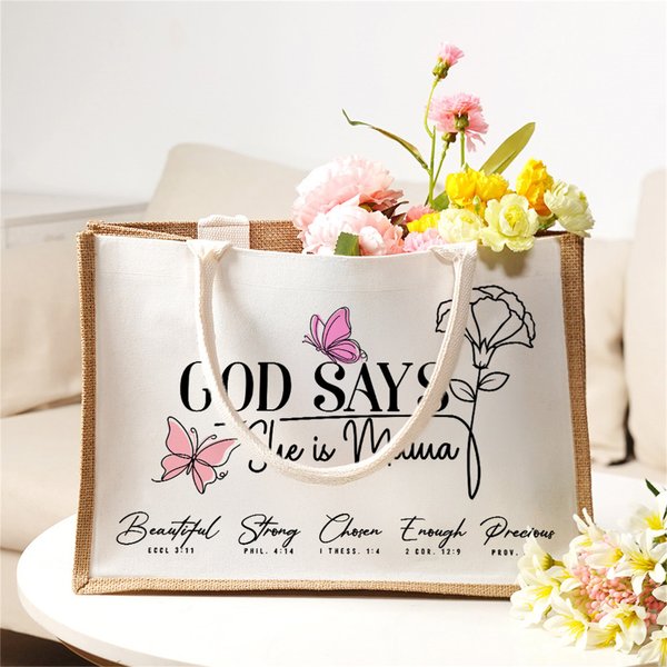 Henkilökohtainen Jumala sanoo, että hän on Mama Suuri Juutti Kangaskassi Teksti Matkailu tarvikkeet Syntymäpäivä Lomalahja naisille Äidit