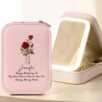 Personalisierte Geburt Blume PU-Leder-Schmuck-Box mit LED Drei-Farben-einstellbare Spiegel und Text Name Datum Reisen wesentliche Geburtstagsgeschenk für Frauen