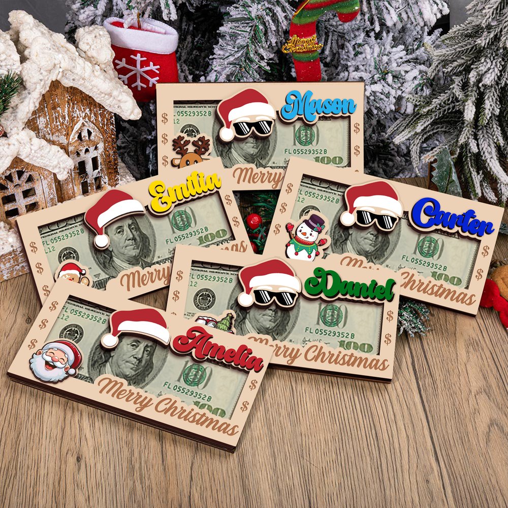 Gepersonaliseerde Kerstmuts Houten Geldhouder met Naam Uniek Geldkaart Kerstcadeau voor Kinderen en Familie