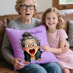 Personalized Cute Cartoon Granny Throw Pillow Cover with Name Home Decor Birthday Christmas Gift for Mom Grandma