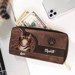 Personalized Retro Cartoon Cat Large PU Leather Name Hand Wallet with Multiple Compartments Metal Zipper Birthday Anniversary Gift for Cat Pet Lovers