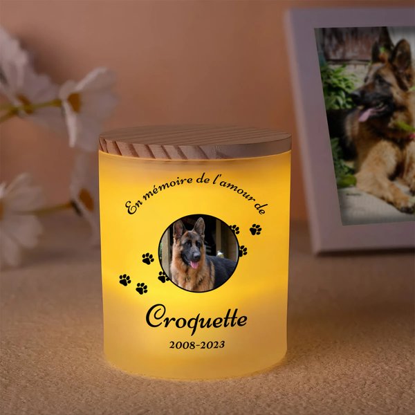 Bocal à Bougie Personnalisé avec Titre Nom Date et Photo d'Animal de Compagnie LED à Choix Cadeau pour les Propriétaires d'Animaux de Compagnie