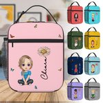 Borsa pranzo impermeabile e termica personalizzata con personaggio in stile cartone animato fiore e nome regalo di rientro a scuola per bambini