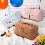 Personalized Cartoon Character Zodiac Birth Flower Leather Wide Open Makeup Bag with Name Portable Travel Accessories Birthday Gift for Women Girls