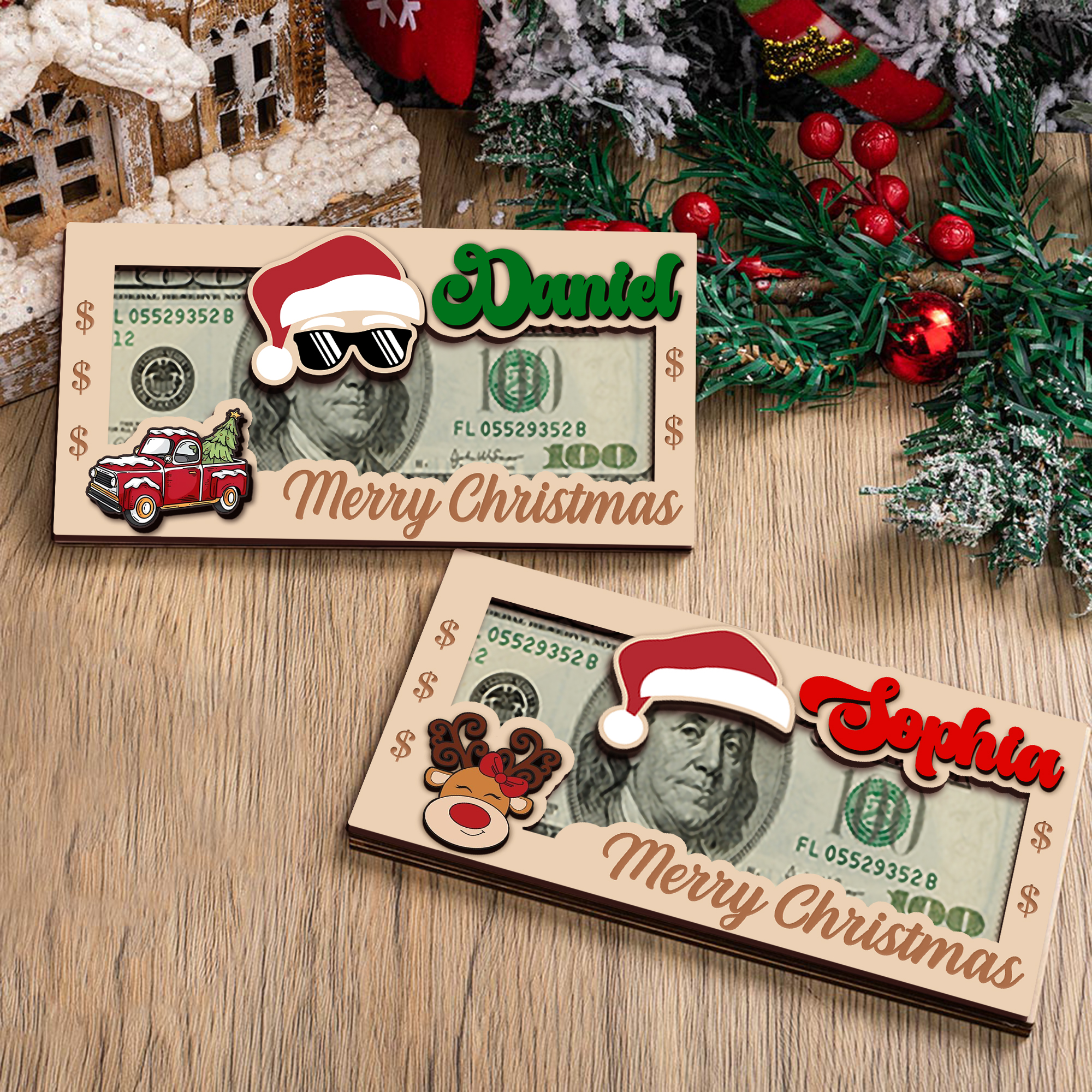 Chapeau du Père Noël personnalisé Porte-monnaie en bois avec nom Carte de paiement unique Cadeau de Noël pour les enfants et la famille