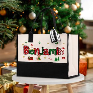 Personalised Santa Claus Elk Large Capacity Canvas Bag with Name Christmas Gift for Women