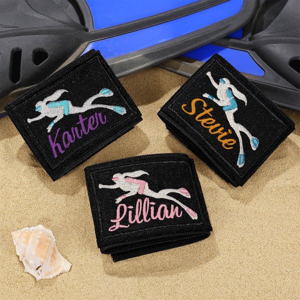 Personalisierte Multicolor gestickt Scuba Diver Muster BCD Identifikation Tag mit Namen Ozean Aktivitäten Geburtstag Geschenk für Taucher Liebhaber