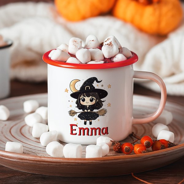 Personalized Cute Cartoon Witch 12 oz Colorful Rim Enamel Mug with Name Halloween Party Gift for Kids