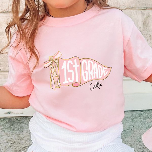 Personalised Pennant Flag Floral Bow Design Soft 100% Cotton T-shirt with Name and Grade Birthday Back to School Gift for Girls Teachers