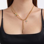 Personalized Four-Pointed Star Pendant Double Chain Necklace with Birthstone Dainty Family Jewelry Birthday Anniversary Gift for Women