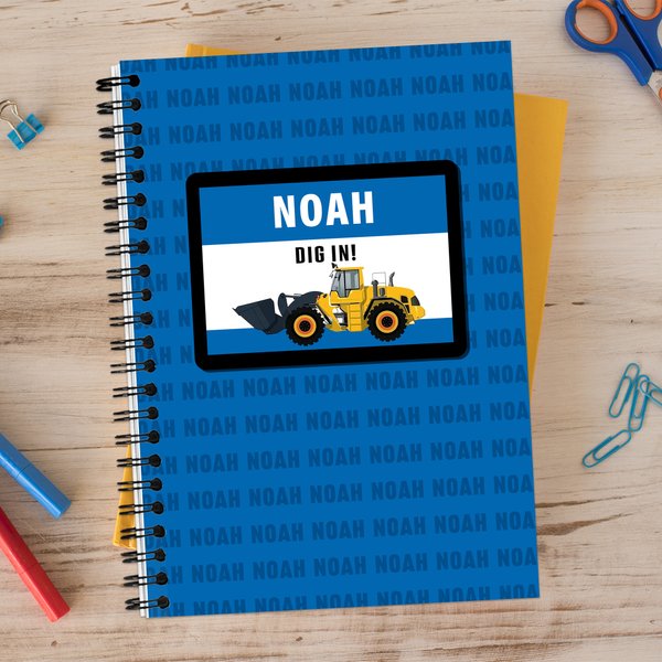 Personalised Lorry Design Name Cloud A5 Spiral Notebook with Text and 120 Lined Pages Back to School Birthday Gift for Kids