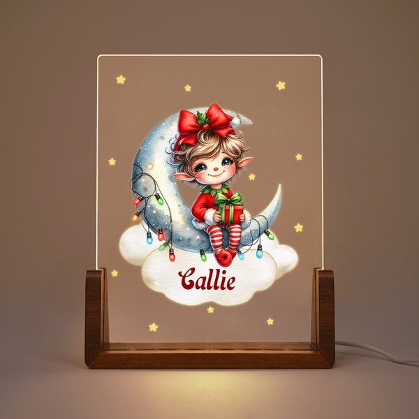 Personalized Fantasy Star Snowflake Santa's Helper Elf Name Acrylic LED Night Light with Wooden Base Room Decor Birthday Christmas Gift for Kid Baby