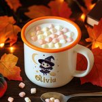 Gepersonaliseerde schattige cartoon heks 12 oz kleurrijke rand emaille mok met naam Halloween Party Gift voor kinderen