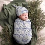 Personalized Classic Winnie the Pooh Floral Swaddle Blanket and Knot Hat Set with Name Birthday Baby Shower Gift for Newborns Babies