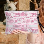 Personalised Equestrian Pattern Linen Makeup Bag with Text and Wrist Strap Travel Essentials Christmas Birthday Gift for Cowboy Girl Women