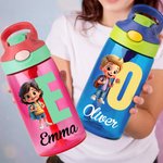 Personalised Cartoon Character 16 oz Kid Water Bottle with Name and Initial Outdoor Activities Birthday Christmas Back to School Gift for Kids