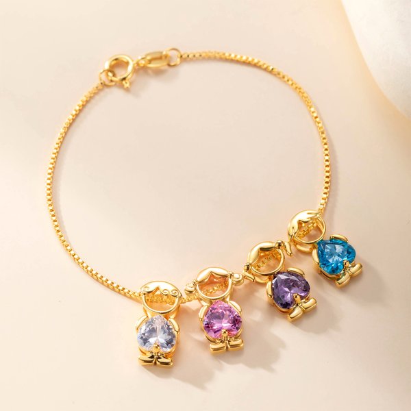 Personalised 1-5 Cute Boy Girl Charms Bracelet with Heart-Shaped Birthstone Exquisite Jewellery Anniversary Birthday Gift for Mom Kid