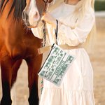 Personalised Equestrian Pattern Linen Makeup Bag with Text and Wrist Strap Travel Essentials Christmas Birthday Gift for Cowboy Girl Women