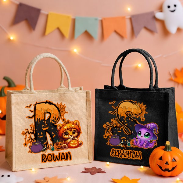 Personalized Halloween Theme Cute Animal Large Capacity Tote Bag with Initial and Name Halloween Trick or Treat Party Gift for Family Kids