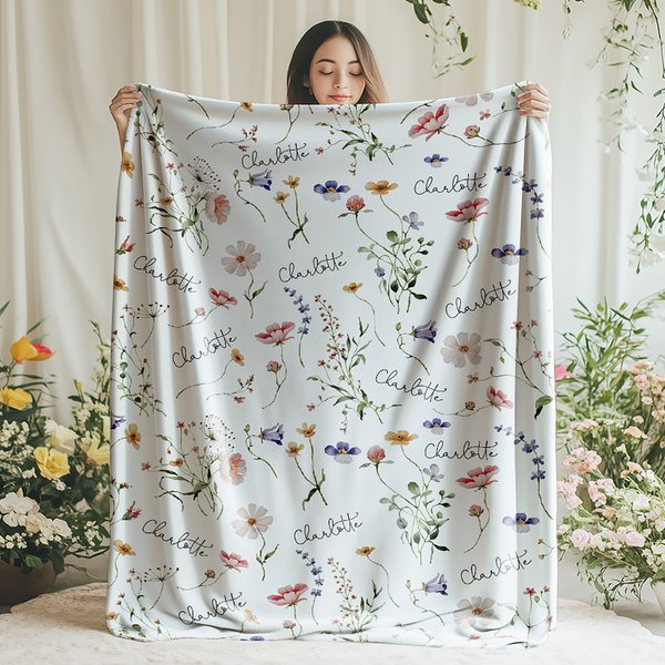 Personalised Wildflowers Bohemian Style Soft Throw Blanket with Name Home Decor Baby Shower Birthday Gift for Women Girls